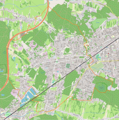 Mapa konturowa Kobyłki, blisko centrum na prawo znajduje się punkt z opisem „Kobyłka”