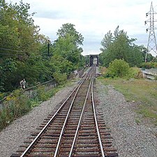 CPR's Perry Island Bridge gauntlet track in Montreal, Quebec. The Bordeaux Railway Bridge is visible in the background.