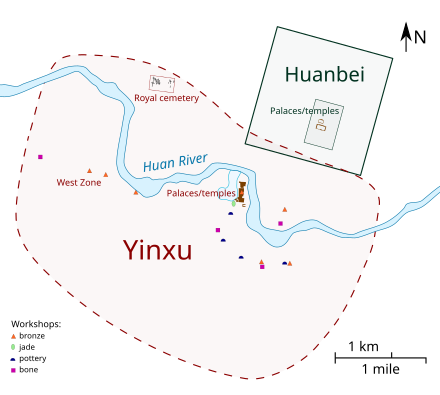 Plan showing Yinxi spanning the Huan River, with the walled square of Huanbei to the northeast
