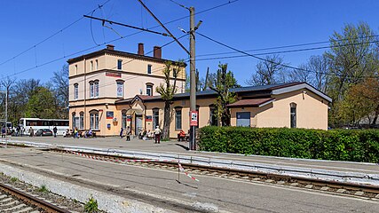 Railway station in seaside resort. Zelenogradsk, near Kaliningrad, Russia. View from the platforms.