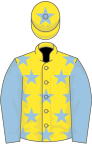 Yellow, light blue stars and sleeves, yellow cap, light blue star