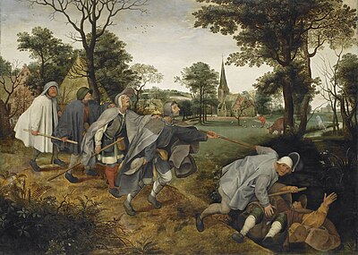 A painting of six blind men stumbling