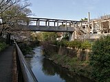 両岸の成城学園構内を結ぶ橋。奥が上流（世田谷区成城/祖師谷）