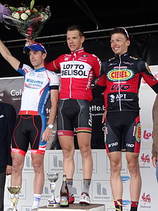 Podium de la Topcompétition 2014 après le Grand Prix des commerçants de Templeuve : Gaëtan Bille (2e), Kenneth Van Rooy (1er) et Oliver Naesen (3e).