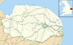 Mapa konturowa Norfolku, na dole nieco na prawo znajduje się punkt z opisem „Harleston”