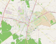 Mapa konturowa Radomska, w centrum znajduje się punkt z opisem „Radomsko”