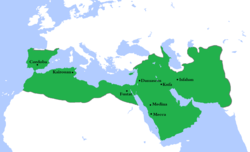 Umayyad Caliphate (green) at its greatest extent, c. 750.