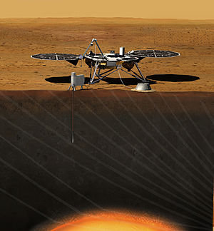 Уметниково виђење сонде Инсајт на површини Марса.
