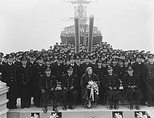 Her Majesty Queen Juliana of the Netherlands and Captain W. J. Kruys with Officers and crew at the commissioning of HNLMS De Ruyter (1953)