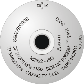 Diagram of a cylinder shoulder with stamp marking: M25x2 ISO BS5045/3/B/S CP 23200kPa 11/92 SER NO P2699M LUXUK 2451 3V03 TP 34800kPa CAPACITY 12.2L TARE 16.3 kg, and three hydrostatic test dates