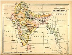 1880 में ब्रिटिश भारत: इस मानचित्र में ब्रिटिश भारत के प्रांत, रियासतें और कानूनी रूप से गैर-भारतीय क्राउन कॉलोनी ऑफ़ सिलोन शामिल हैं।