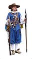 Musketeer from Altblau regiment (1624–1650) from Swedish army with musket and with bardiche (long poleaxe)