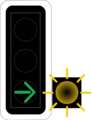 7.14.2 Green arrow with additional flashing yellow (example 2), here: turning to the right Permits traffic turning to the right, but indicates that turning vehicles must give way to pedestrians and users of vehicle-like transport means (such as rollerblades, scooters, skateboards, etc.) on side roads (usually traversing the side road on pedestrian crossings at the same time)!