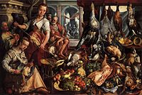 Joachim Beuckelaer (1533–1575), Kitchen scene, with Jesus in the house of Martha and Mary in the background (1566), 171 x 250 cm (67.3 x 98.4 in).