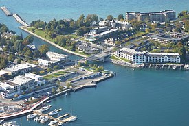 Aerial view of the downtown area with the US 31–Island Lake Outlet Bridge in the center