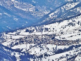 Panorama from Val Thorens of the village, with Notre-Dame-de-la-Vie sanctuary visible on the left