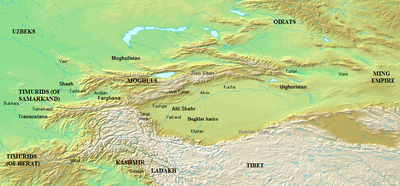 1450年开始的东察合台汗国疆域，包括蒙兀儿斯坦、阿尔蒂沙尔及畏兀儿斯坦（吐鲁番）