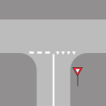 6.16.1 Guidestrips (example 1) continue stop or waiting lines ... and separates the side road from the main road; Guidestrips do not appear on side roads with valid Priority to the right rule (see also 3.06)