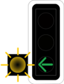 7.14.1 Green arrow with additional flashing yellow (example 1), here: turning to the left Permits traffic turning to the left, but indicates that turning vehicles must give way to oncoming traffic and to pedestrians and users of vehicle-like transport means (such as rollerblades, scooters, skateboards, etc.) on side roads (usually traversing the side road on pedestrian crossings at the same time)!