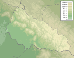 Mapa konturowa obwodu zakarpackiego, blisko centrum po prawej na dole znajduje się punkt z opisem „źródło”, natomiast na dole znajduje się punkt z opisem „ujście”