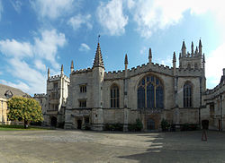 St. John's Quad, showing (left to right) the President's Lodgings, Founder's Tower, Muniment Tower, the chapel, and the Great Tower behind.