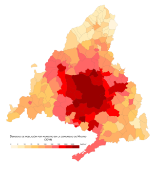 Densidad de población por municipios en la comunidad de Madrid en 2018