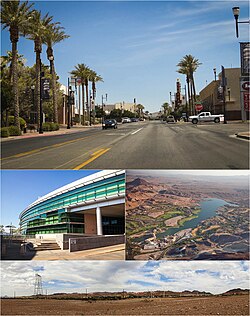 Clockwise frae tap: Water Street Historic District of Downtown Henderson, aerial view o Lake Las Vegas, Fithills near Henderson, Henderson Ceety Haw