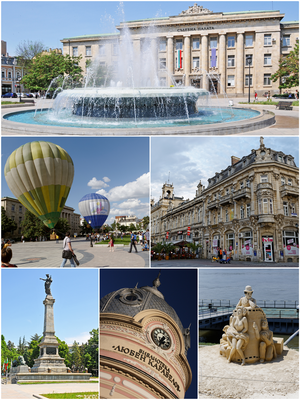 From top left: The old city centre of Ruse, A statue of Hercules , Ruse carnival, Rousse State Opera, Monument of Liberty