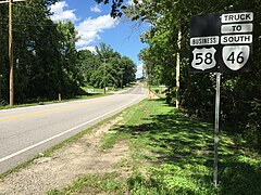 2017-06-26 15 43 28 View east along U.S. Route 58 Business and south along Virginia State Route 46 Truck (Main Street) at Athletic Field Road in Lawrenceville, Brunswick County, Virginia.jpg