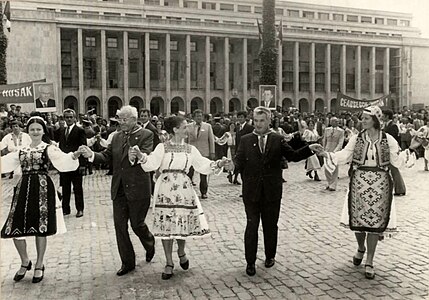 Nicolae Ceauşescu and Gustáv Husák in front of Victoria Palace, 1977