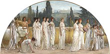 Semi-circular painting showing a procession of women, dressed in white robes. A Greek temple is partially visible in the background.