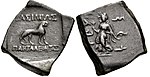 Pantaleon (190-180 BC) coin with dancing woman (Lakshmi?) and lion. Greek and Brahmi legend.