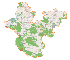 Mapa konturowa powiatu polkowickiego, w centrum znajduje się punkt z opisem „Polkowice”