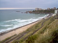 Vue en plongée de plages ; une ville en arrière-plan.