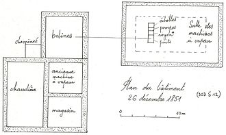 Plan de masse du bâtiment des machines et du bâtiment du puits.