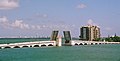 The westernmost of the two drawbridges on the causeway, with its draw span opened for a boat