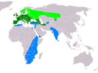 Verde escuro: permanente Verde claro e azul: época de cría e inverno