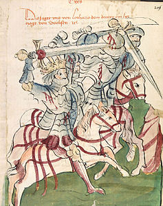 Ludwig III wearing Gothic plate armor with prominent poleyns, from a fifteenth-century manuscript.