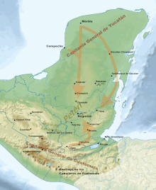 Map of the Yucatán Peninsula, jutting northwards from an isthmus running northwest to southeast. The Captaincy General of Yucatán was located in the extreme north of the peninsula. Mérida is to the north, Campeche on the west coast, Bacalar to the east and Salamanca de Bacalar to the southeast, near the east coast. Routes from Mérida and Campeche joined to head southwards towards Petén, at the base of the peninsula. Another route left Mérida to curve towards the east coast and approach Petén from the northeast. The Captaincy General of Guatemala was to the south with its capital at Santiago de los Caballeros de Guatemala. A number of colonial towns roughly followed a mountain range running east–west, including Ocosingo, Ciudad Real, Comitán, Ystapalapán, Huehuetenango, Cobán and Cahabón. A route left Cahabón eastwards and turned north to Petén. Petén and the surrounding area contained a number of native settlements. Nojpetén was situated on a lake near the centre; a number of settlements were scattered to the south and southwest, including Dolores del Lacandón, Yaxché, Mopán, Ixtanché, Xocolo and Nito. Tipuj was to the east. Chuntuki, Chunpich and Tzuktokʼ were to the north. Sakalum was to the northeast. Battles took place at Sakalum in 1624 and Nojpetén in 1697.