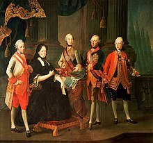 Portret van koninginMaria Theresia met haar zonen:links Leopold II, rechts Ferdinand, Jozef II midden,Maximiliaan Frans buitenste