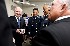 Defense.gov News Photo 110429-D-XH843-003 - Secretary of Defense Robert M. Gates speaks with Secretary of National Defense of Mexico Gen. Guillermo Galvan Galvan 2nd from right and Secretary.jpg