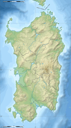 Mapa konturowa Sardynii, po prawej znajduje się punkt z opisem „Grotta di Ispinigoli”