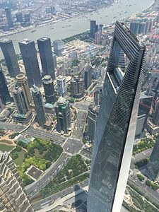 Shanghai World Financial Tower seen from Shanghai Tower, 2016.