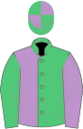 Emerald green and mauve (halved), sleeves reversed, emerald green and mauve quartered cap