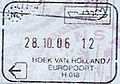 Carimbo de saída do Espaço Schengen emitido no terminal marítimo de ferribote de Hoek van Holland, nos Países Baixos.