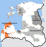 Kurland bispedømmes beliggenhet i De tyske riddernes ordensstat (oransjt areal: høystift, oransje linje: kirkelig utstrekning)