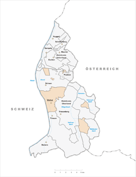 Lage der Gemeinde Vaduz im Fürstentum Liechtenstein (anklickbare Karte)