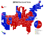 Cartogramma della distribuzione dei grandi elettori tra il Partito Repubblicano (porzioni in rosso) e il Partito Democratico (porzioni in blu)