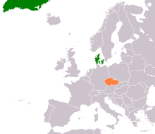 Česko (oranžová) a Dánsko (zelená) na mapě Evropy