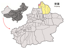 Location of Habahe County (red) within Altay Prefecture (yellow) and Xinjiang